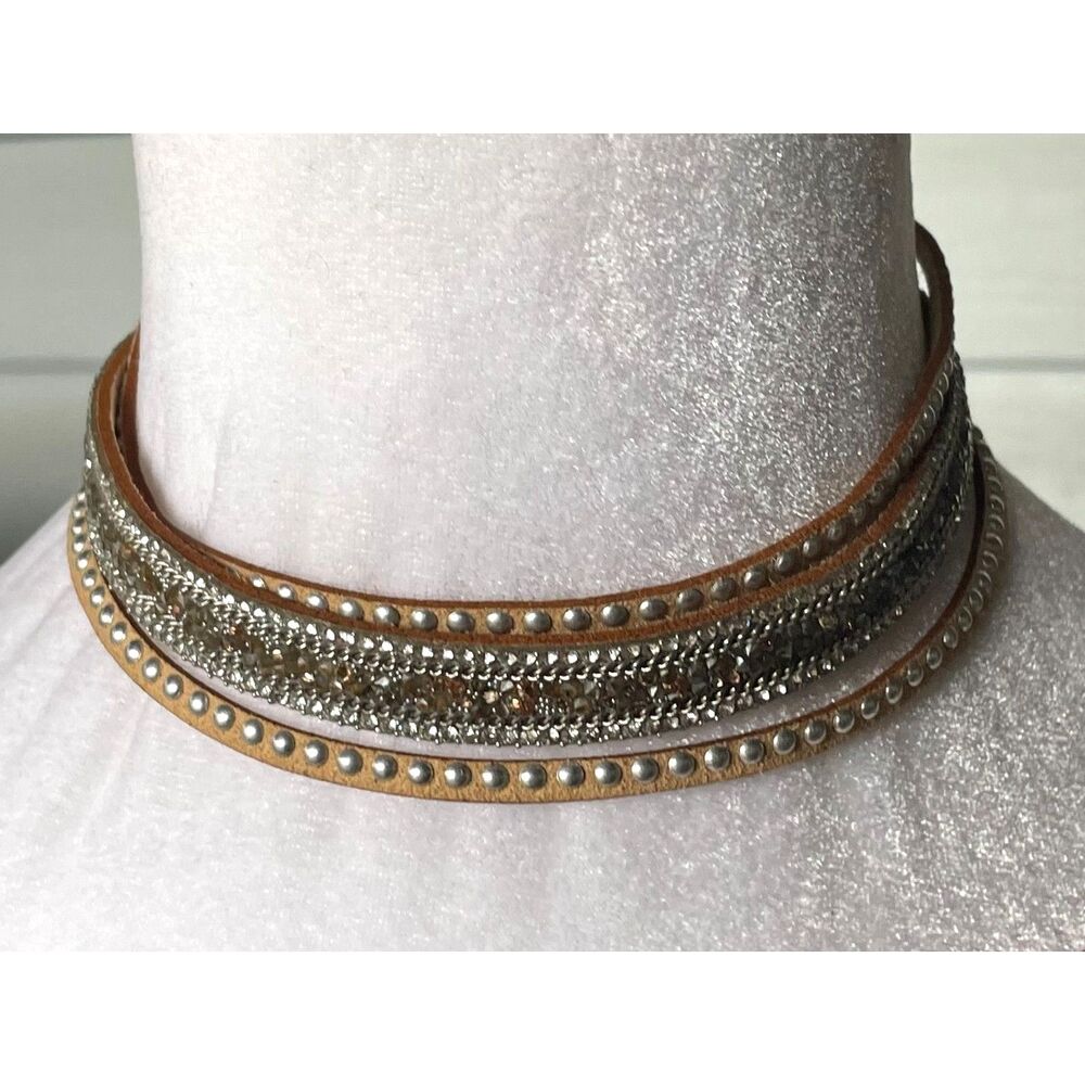 Boho Western Rhinestone Wrap Choker Necklace Brown Faux Leather Studded